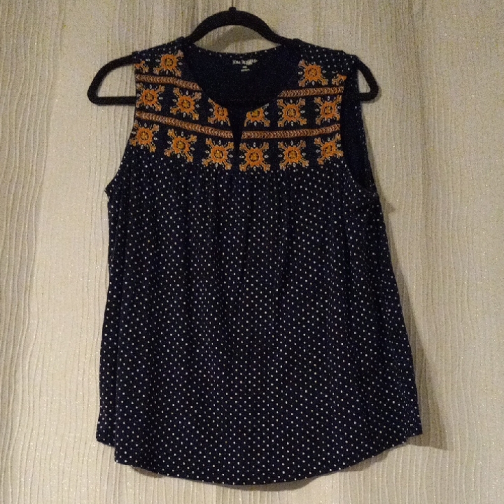 Nine West Navy Polka Dot Tank with Mustard Embroidered Yoke